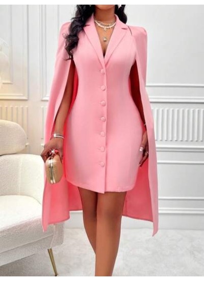 Lady Lapel Neck Button Front Bodycon Dress With Cloak Sleeve - Choose Your Size