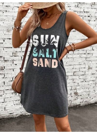 LUNE Ladies. Summer U Neck Letter Printed Casual Comfortable Vest Dress - Choos