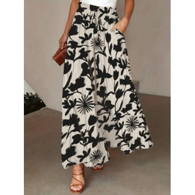 Women.s Vacation Style Botanical Printed Wide Leg Pants With Pockets Beach - Ch