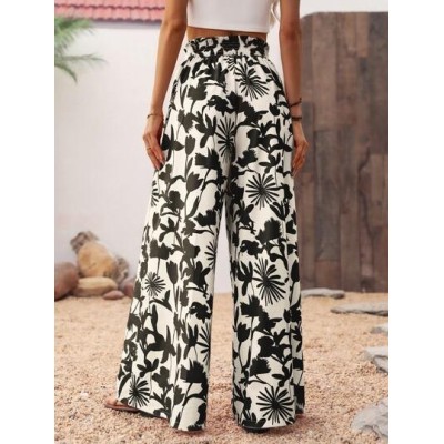 Women.s Vacation Style Botanical Printed Wide Leg Pants With Pockets Beach - Ch