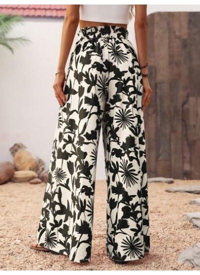 Women.s Vacation Style Botanical Printed Wide Leg Pants With Pockets Beach - Ch