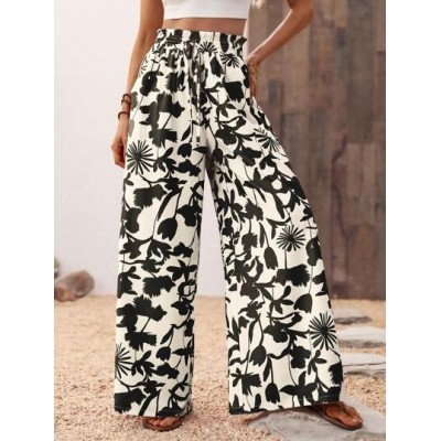 Women.s Vacation Style Botanical Printed Wide Leg Pants With Pockets Beach - Ch