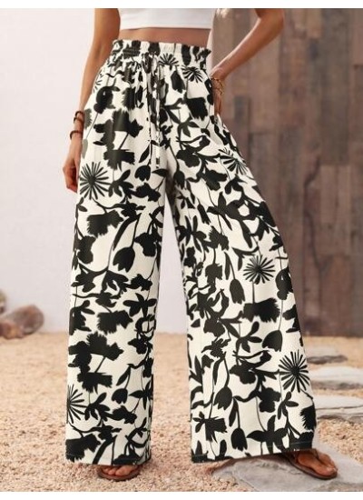 Women.s Vacation Style Botanical Printed Wide Leg Pants With Pockets Beach - Ch