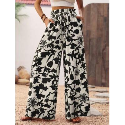 Women.s Vacation Style Botanical Printed Wide Leg Pants With Pockets Beach - Ch