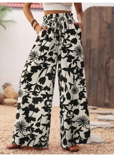 Women.s Vacation Style Botanical Printed Wide Leg Pants With Pockets Beach - Ch