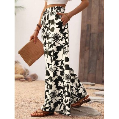 Women.s Vacation Style Botanical Printed Wide Leg Pants With Pockets Beach - Ch