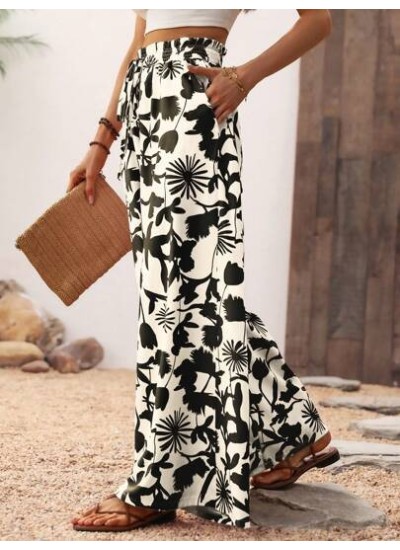 Women.s Vacation Style Botanical Printed Wide Leg Pants With Pockets Beach - Ch