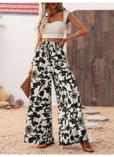 Women.s Vacation Style Botanical Printed Wide Leg Pants With Pockets Beach - Ch