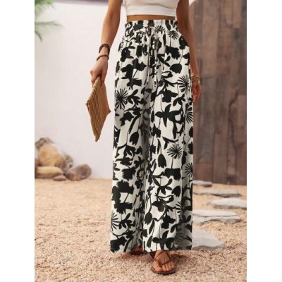 Women.s Vacation Style Botanical Printed Wide Leg Pants With Pockets Beach - Ch