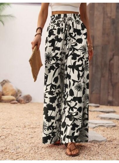 Women.s Vacation Style Botanical Printed Wide Leg Pants With Pockets Beach - Ch