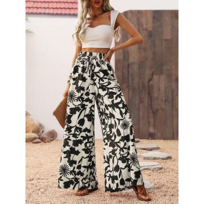 Women.s Vacation Style Botanical Printed Wide Leg Pants With Pockets Beach - Ch