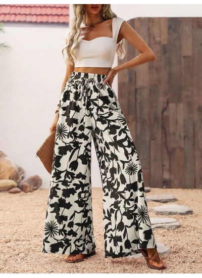 Women.s Vacation Style Botanical Printed Wide Leg Pants With Pockets Beach - Ch