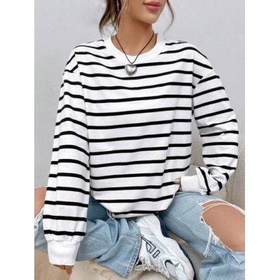 EZwear Spring White Striped Print Drop Shoulder Sweatshirt Hoodie - Choose Your