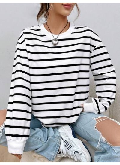 EZwear Spring White Striped Print Drop Shoulder Sweatshirt Hoodie - Choose Your