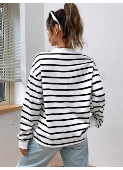 EZwear Spring White Striped Print Drop Shoulder Sweatshirt Hoodie - Choose Your