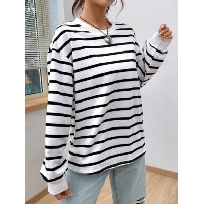 EZwear Spring White Striped Print Drop Shoulder Sweatshirt Hoodie - Choose Your