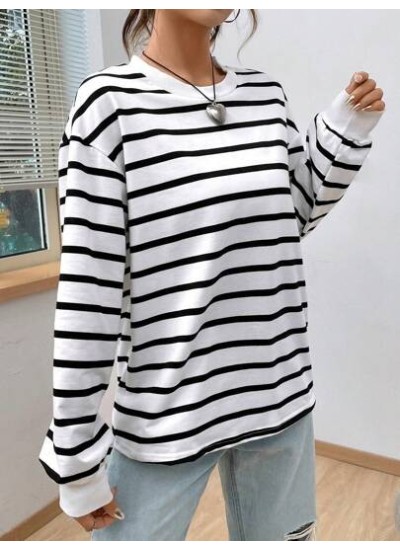 EZwear Spring White Striped Print Drop Shoulder Sweatshirt Hoodie - Choose Your