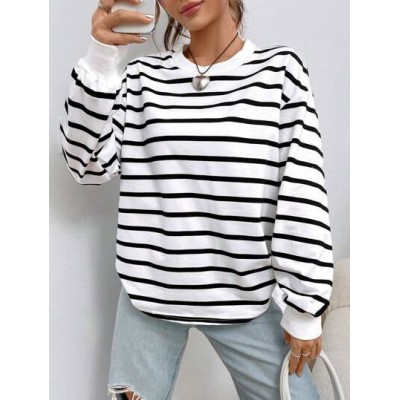 EZwear Spring White Striped Print Drop Shoulder Sweatshirt Hoodie - Choose Your