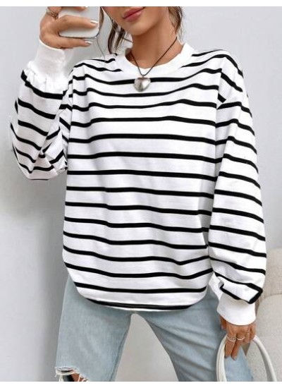 EZwear Spring White Striped Print Drop Shoulder Sweatshirt Hoodie - Choose Your