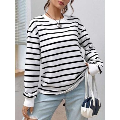 EZwear Spring White Striped Print Drop Shoulder Sweatshirt Hoodie - Choose Your