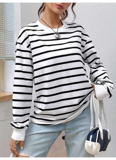 EZwear Spring White Striped Print Drop Shoulder Sweatshirt Hoodie - Choose Your