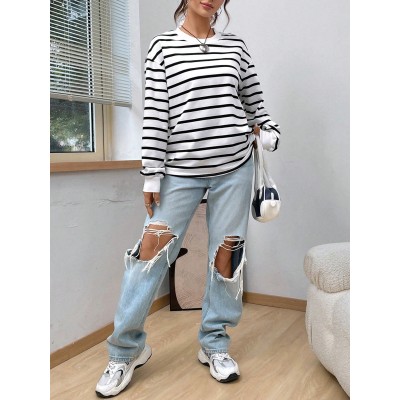 EZwear Spring White Striped Print Drop Shoulder Sweatshirt Hoodie - Choose Your