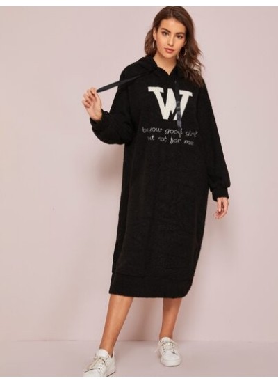 Unity Embroidered Slogan Teddy Drawstring Hoodie Dress - Choose Your Size