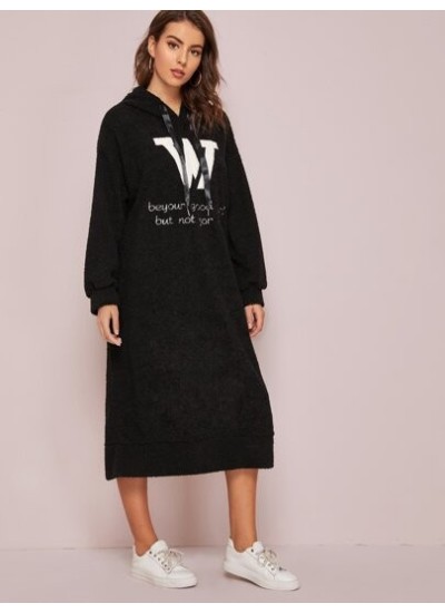 Unity Embroidered Slogan Teddy Drawstring Hoodie Dress - Choose Your Size