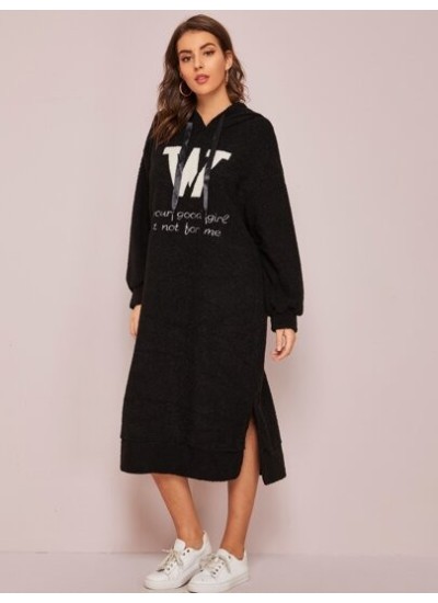 Unity Embroidered Slogan Teddy Drawstring Hoodie Dress - Choose Your Size