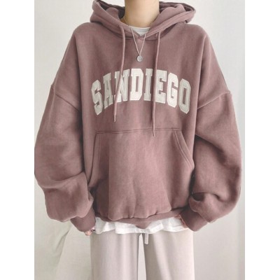 Embroidery Letter Pattern Kangaroo Pocket Drop Shoulder Drawstring Hoodie Witho