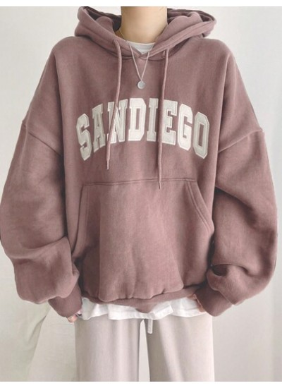 Embroidery Letter Pattern Kangaroo Pocket Drop Shoulder Drawstring Hoodie Witho