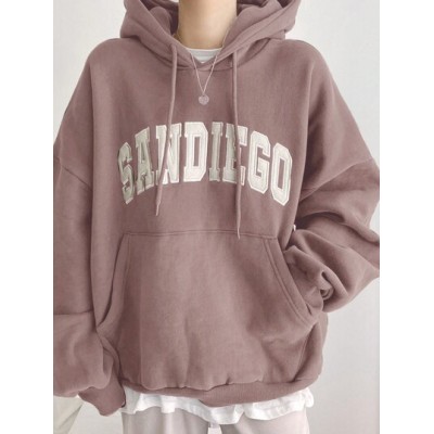 Embroidery Letter Pattern Kangaroo Pocket Drop Shoulder Drawstring Hoodie Witho