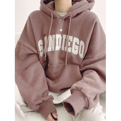 Embroidery Letter Pattern Kangaroo Pocket Drop Shoulder Drawstring Hoodie Witho