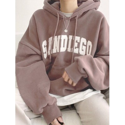 Embroidery Letter Pattern Kangaroo Pocket Drop Shoulder Drawstring Hoodie Witho