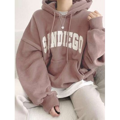 Embroidery Letter Pattern Kangaroo Pocket Drop Shoulder Drawstring Hoodie Witho