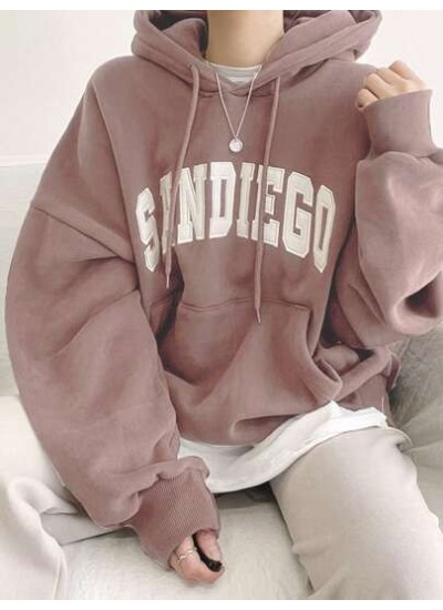 Embroidery Letter Pattern Kangaroo Pocket Drop Shoulder Drawstring Hoodie Witho