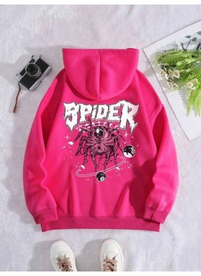 EZwear Letter & Spider Graphic Thermal Lined Drawstring Hoodie - Choose Your Si