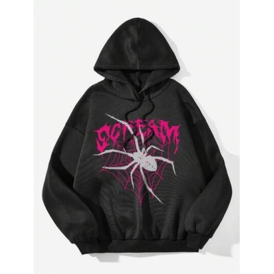 Coolane Spider Web & Letter Printed Drawstring Hoodie With Fleece Lining For Wo