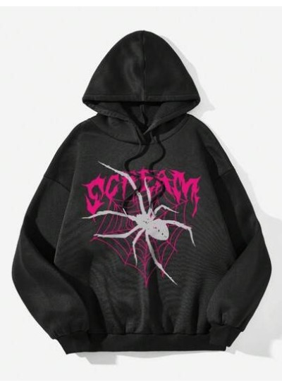 Coolane Spider Web & Letter Printed Drawstring Hoodie With Fleece Lining For Wo