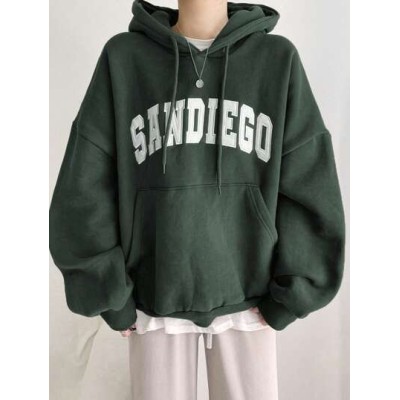 Letter Graphic Kangaroo Pocket Drop Shoulder Drawstring Hoodie - Choose Your Si