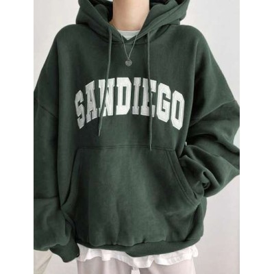 Letter Graphic Kangaroo Pocket Drop Shoulder Drawstring Hoodie - Choose Your Si