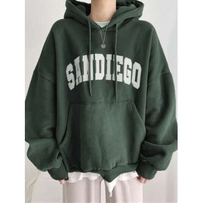 Letter Graphic Kangaroo Pocket Drop Shoulder Drawstring Hoodie - Choose Your Si