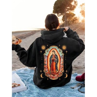 EZwear Virgin Mary Print Drawstring Hoodie - Choose Your Size