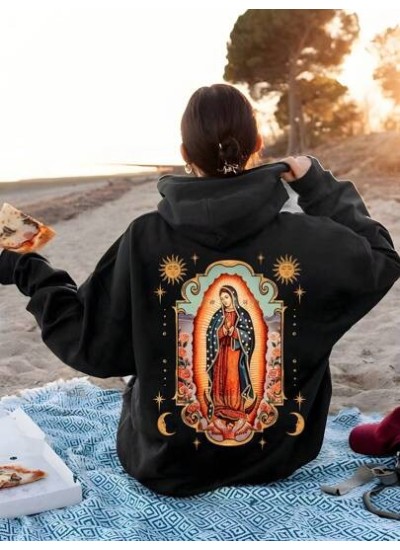 EZwear Virgin Mary Print Drawstring Hoodie - Choose Your Size