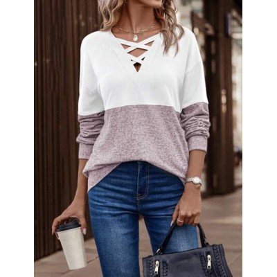 LUNE Women.s Color Block Cross Band Drop Shoulder Casual Sweatshirt - Choose Yo