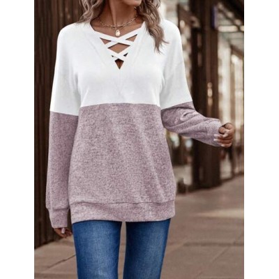 LUNE Women.s Color Block Cross Band Drop Shoulder Casual Sweatshirt - Choose Yo