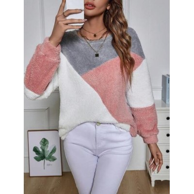 LUNE Color Block Drop Shoulder Fuzzy Sweatshirt Asymmetrical Top - Choose Your