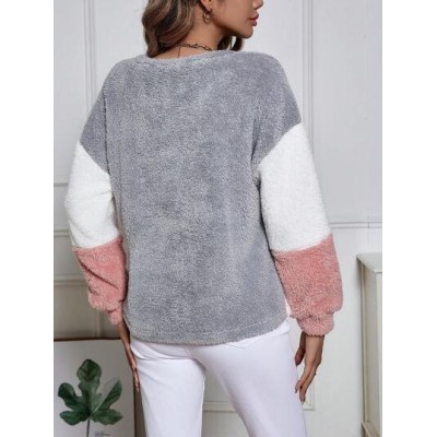 LUNE Color Block Drop Shoulder Fuzzy Sweatshirt Asymmetrical Top - Choose Your