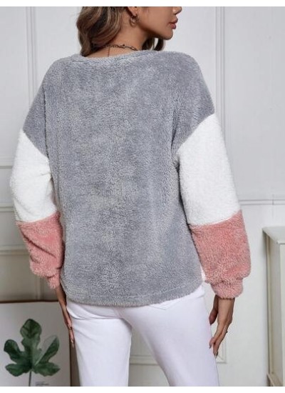 LUNE Color Block Drop Shoulder Fuzzy Sweatshirt Asymmetrical Top - Choose Your