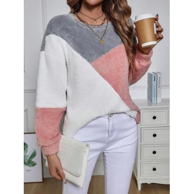 LUNE Color Block Drop Shoulder Fuzzy Sweatshirt Asymmetrical Top - Choose Your